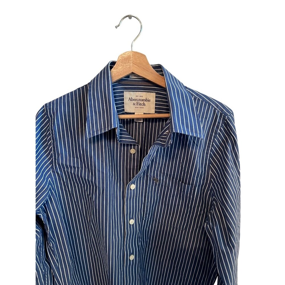 Abercrombie & Fitch Blue Striped Long Sleeve Dress Shirt Muscle Fit Men's Size L - Picture 3 of 5